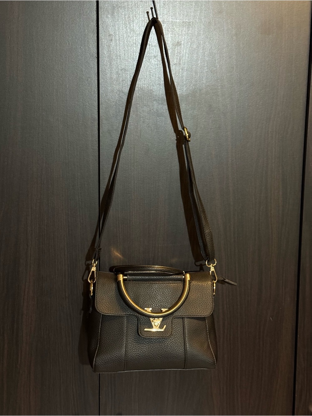 Black Leather Top-Handle Crossbody Bag with Gold Hardware